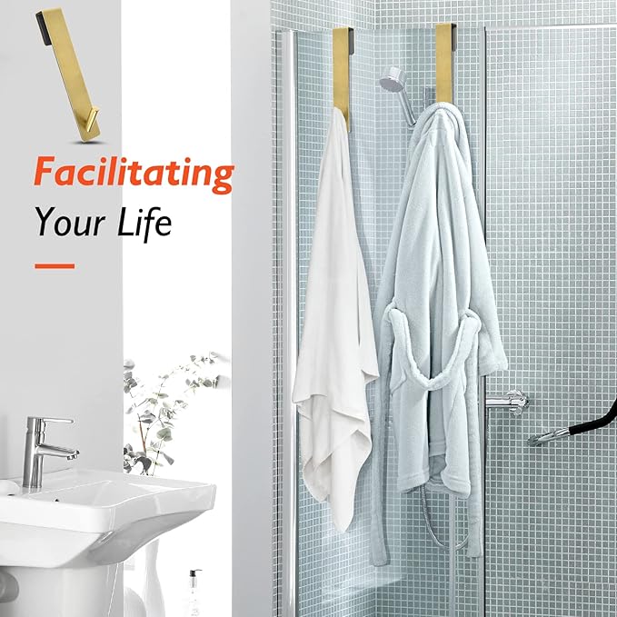 Shower Door Hooks (4 Pcs), 304 Stainless Steel, 7.5x1.18in, Gold, Frameless Glass Door Towel Storage, Lightweight, Heavy Duty, Rust Resistant, Removable, Non Slip