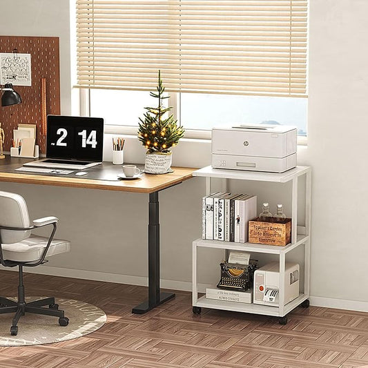 Mexin White 3 Tier Printer Table with Wheels, Industrial Rolling Cart with Storage Shelf for Scanner Fax, Home Office Use, 17.5 x 11.8 Inches