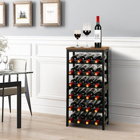 VASMIA Wine Rack Freestanding Floor, 6 Tier Bamboo Wine Storage Shelves with Table Top, 24-Botttle Wine Rack Shelf for Kitchen Bar Dining Room Living Room, Rustic Brown and Black