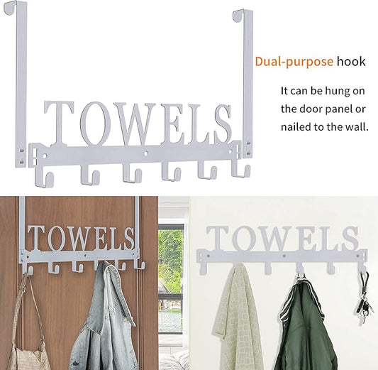 Over The Door Hooks, Towel Rack for Bathroom, Door Mount Towel Hooks Bath Towel Hanger for Bedroom Kitchen Pool Beach Towels Bathrobe Wall Mount Towel Holder for Bathrooms (6 Hooks, Silver Grey)