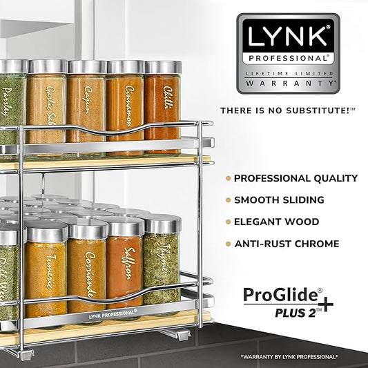 LYNK PROFESSIONAL® Élite™ Pull Out Spice Rack Organizer for Inside Kitchen Cabinets - 10-3/8 inch Wide - Slide Out Drawer – Wood/Chrome Sliding Spice Organization for cabinet - Spice Racks - 2 Tier