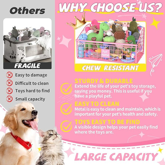 Indestructible Dog Toy basket, Medium Toy Box for Dogs,Pet Toy Bin Dog Metal Basket for Toys, Toy Storage Organizer, Living Room Area (Pink)