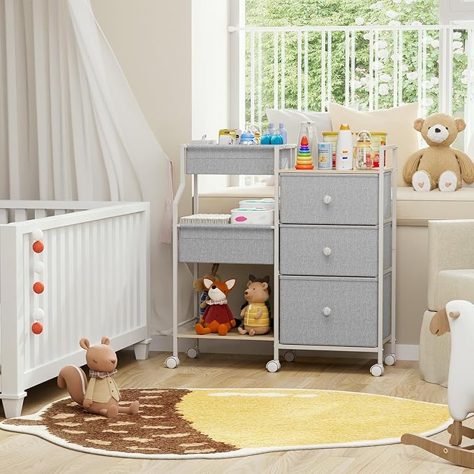 Baby Organizer and Storage - 3 Tier Rolling Cart with Dividers and Drawers, Easy To Assemble, Mobile Utility Cart with Wheels for Nursery, Bedroom, Changing Table & Crib,Light Gray