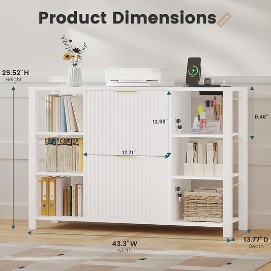 File Cabinet for Home Office, Fluted Filing Cabinet with 2 Drawers Fit Letter/Legal/A4 Folders with Tabs, Printer Stand with Lock & 2 Power Outlets, 6 Shelves (1, White)