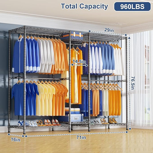 Ulif E12 Clothes Rack,Heavy Duty Freestanding Garment Rack with Shelves,Metal Clothing Closet Storage System for Hanging Clothes,71" W x 16" D x 76.5" H, Hold 960 lbs,Grey