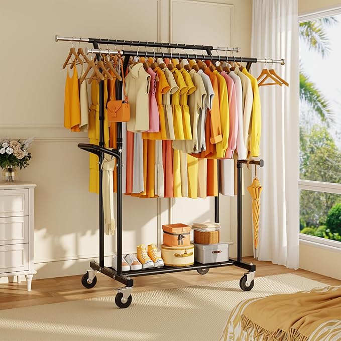 800LBS Heavy Duty Clothes Rack: Rolling Clothing Rack for Hanging Coat Double Rods Portable Wardrobe Garment Racks with Wheels Shelf Sturdy Metal Adjustable Bedroom Laundry Living Room