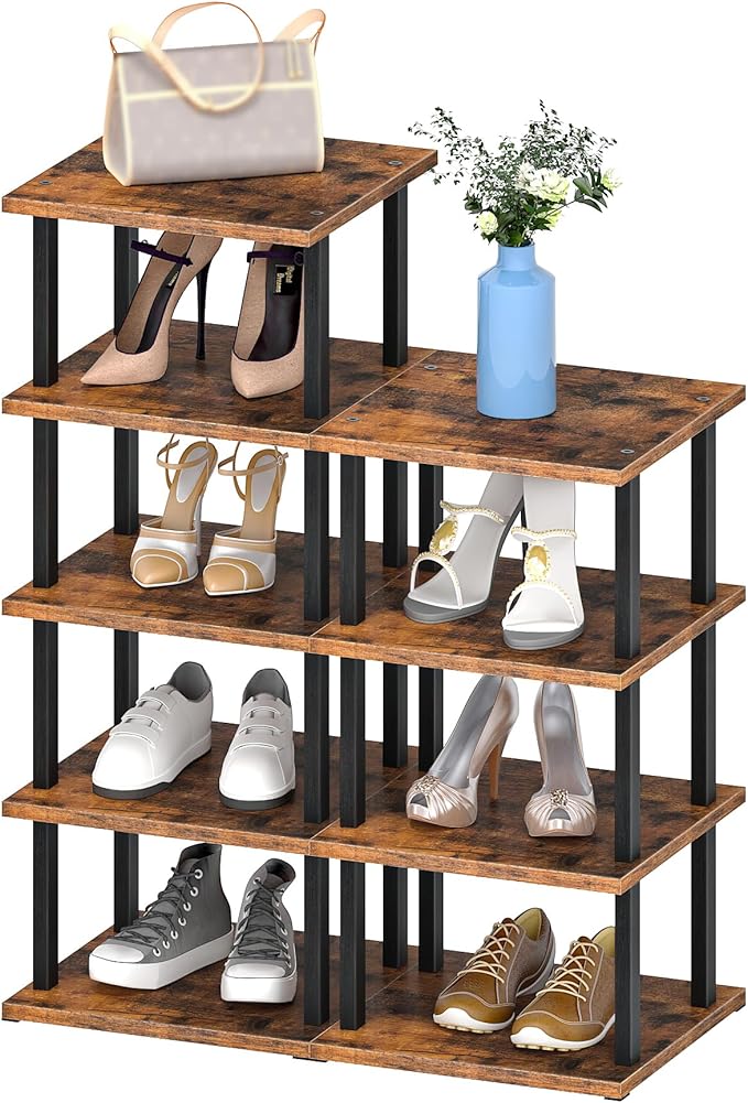 9-Tier Vertical Shoe Rack, DIY Corner Shoe Rack for Entryway, Narrow Shoe Shelf, Tall Storage Organizer, Saving Space, for Small Spaces, Entryway, Hallway, Rustic Brown and Black MXJ01BF