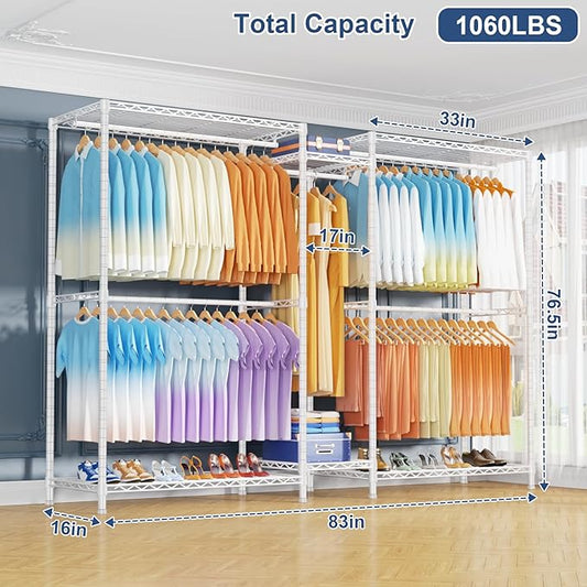 Ulif E12 Max Clothes Rack,Heavy Duty Freestanding Garment Rack with Shelves,Metal Clothing Closet Storage System for Hanging Clothes,83" W x 16" D x 76.5" H, Hold 1060 lbs,White