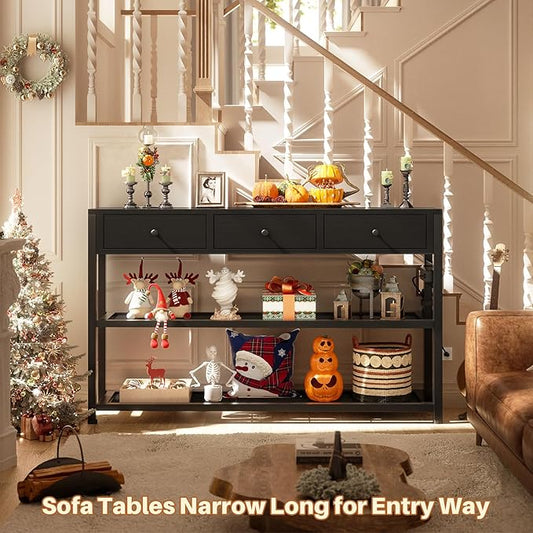 Ecopriso 47'' Entryway Table with Outlets and USB Ports, Console Table with 3 Drawers, Sofa Table Narrow Long with Storage Shelves for Living Room, Couch, Hallway, Foyer, Kitchen Counter, Black