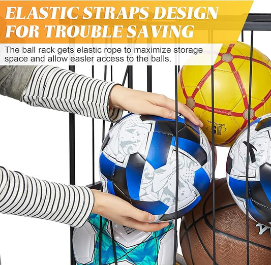 Garage Ball Storage Wall-Mounted & Floor Sports Equipment Organizer: Sports Ball Rack with Elastic Rope, Holder for Basketball, Soccer, Volleyball, Football, Garage, Gym, Black(Patent Pending)