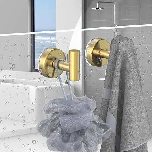 Suction Cup Hooks for Shower, Stainless Steel Shower Hooks for Hanging Towels, Robes, Bath Balls, Towel Hooks for Bathroom Wall, Glass Door, Kitchen, Mirror, Tile (2 Pack,Gold)