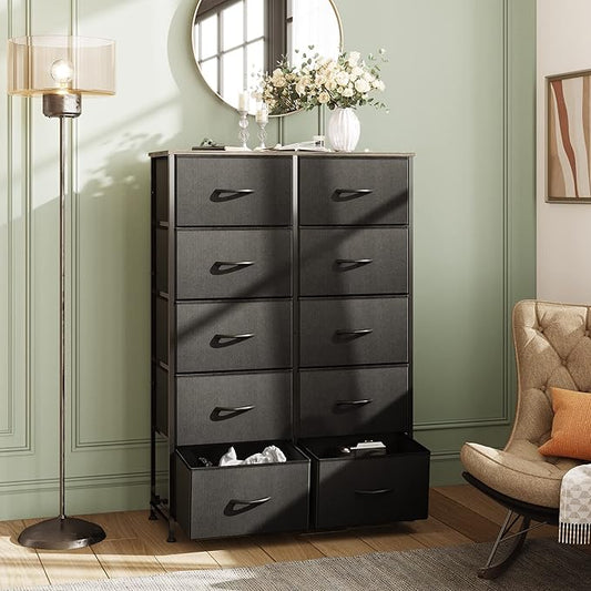 WLIVE Tall Dresser for Bedroom with 10 Drawers, Chest of Drawers, Dressers Bedroom Furniture, Black Dresser with Fabric Bins for Closet, Hallway, Living Room, Entryway