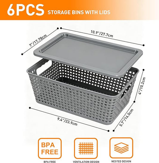 Plastic Storage Baskets With Lid, Storage Bins for Organizing, Stackable Decorative Containers for Shelves Drawers Desktop Closet Playroom Classroom Office, 6 Pack-Grey
