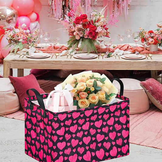KUNRO Rectang Heart Pattern Valentine's Storage Basket Gift Shelf Basket Storage Bin, Nursery Basket Organizer Box for With Handles for Room Deco