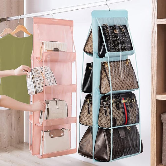 Lirex Handbag Hanging Purse Organizer for Closet, 8 Pocket Handbag Storage Organizer Hanger Oxford Cloth Closet Organizer for Family Closet Bedroom, Foldable and Universal Fit, Light Pink