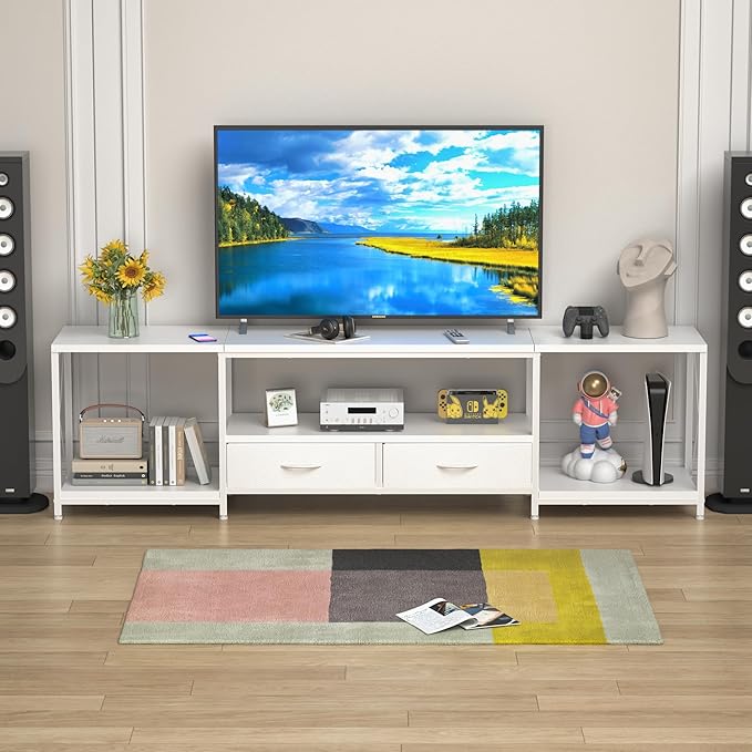 GYIIYUO TV Stand with Fabric Drawer for 65 70 75 Inches TV - Entertainment Center and Industrial TV Console Table with Open Storage Shelves for Living Room, Bedroom - 63" White