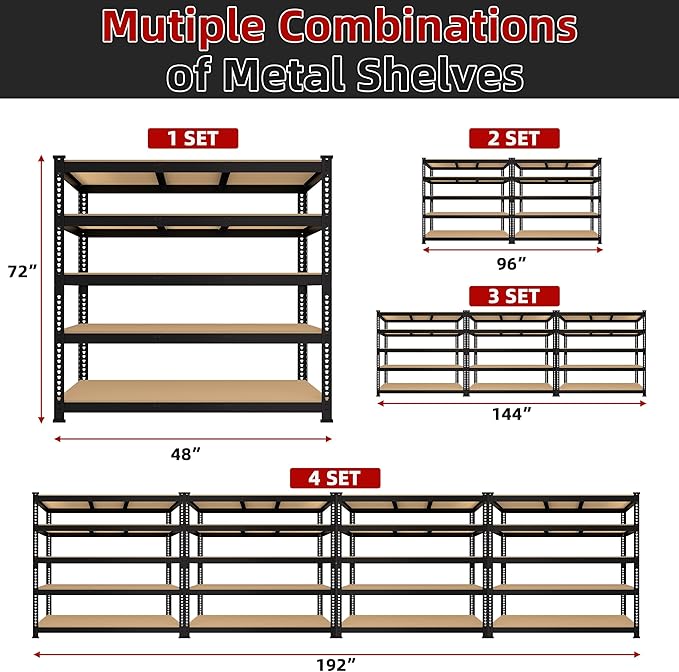 3 Packs 48" W x 24" D x 72" H Adjustable Garage Storage Shelves - 5-Shelf Heavy Duty Shelving Unit, Metal Utility Storage Organizer Racks for Warehouse Pantry Closet Kitchen, Black