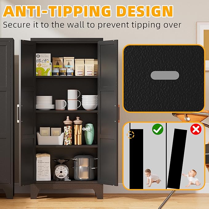 61"H Metal Pantry Cabinet with 2 Doors and 3 Adjustable Shelves,Food Storage Cabinet with Gold Handle for Kitchen,Dinning Room,Home Office,Living Room,Easy Assembly (Black,61"H x13.8"D x27.6"W)