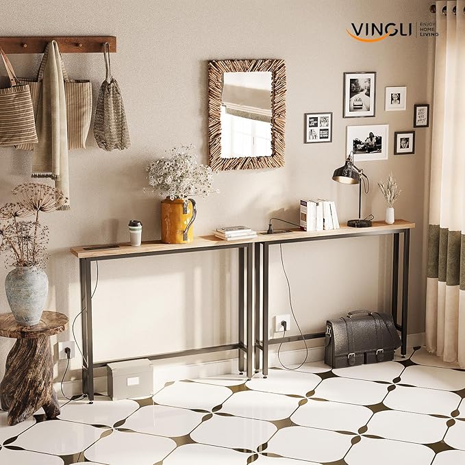VINGLI 79" Console Table with Charging Station, 5.9" Narrow Sofa Table Set of 2, Entryway Table with Power Outlet & 4.9 Ft Extension Cord & Adjustable Feet, for Living Room, Hallway, Oak