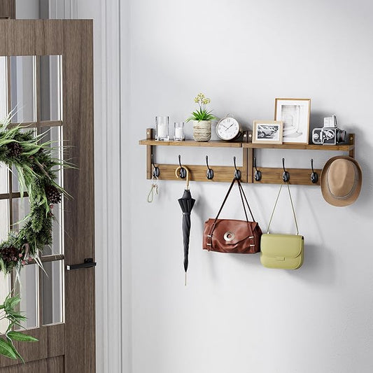Coat Rack with Shelf Wall Mount, Entryway Bamboo Hanging Shelf, Set of 2, Wall Hook Rail for Hallway Décor, Storage Clothe, Hat, Robe, Key, Dog Leash (Walnut)