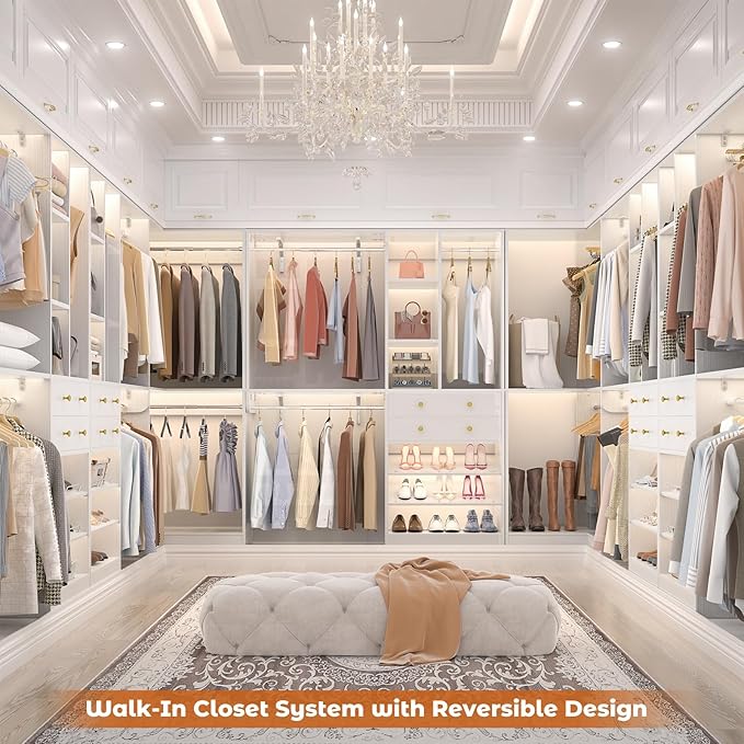 Large Closet System (Set of 3) with 4 Drawers, 8 Hanging Robs, 91.5"/151" Closet Organizer System with Corner Tower, Reversible Walk-in Closet System Corner Closet System, White