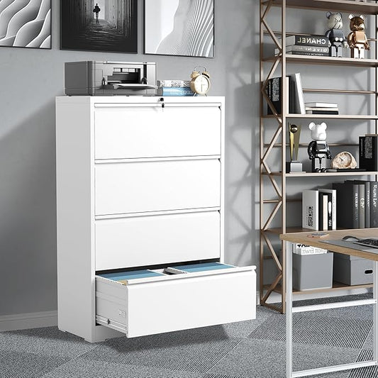 File Cabinets 4 Drawer,Metal Office Storage Filing Cabinet with Lock,White Lateral Filing Cabinet for Home Office,Horizontal Locking File Cabinet for Legal/Letter/A4,Assembly Require,White