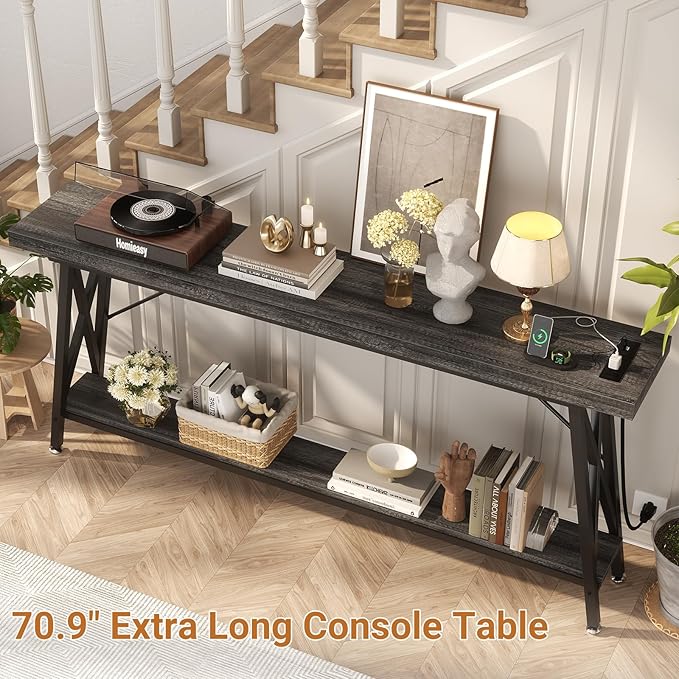 Homieasy 70.9 Inch Console Table, Industrial Sofa Table Behind Couch with Charging Station & Storage Shelf, Entryway Table for Living Room & Entryway, Grey