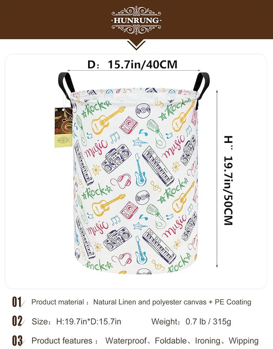 HUNRUNG Laundry Hamper,Large Canvas Fabric Lightweight Storage Basket Toy Organizer Dirty Clothes Collapsible Waterproof for College Dorms(Round-Musical instrument)