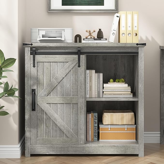 Vabches Lateral File Cabinets with Adjustable Shelf, Farmhouse Filing Cabinet for Home Office, Filing Organization Storage Cabinets with Sliding Barn Door for Hanging Files Letter/A4.