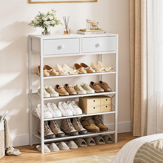 Shoe Rack for Entryway, 5 Tier Shoe Organizer with 2 Non-Woven Drawers, Metal Storage Shoe Shelf for 16-20 Pairs of Shoes, with Wooden Top and Steel Frame, Shoe Stand for Closet Greige