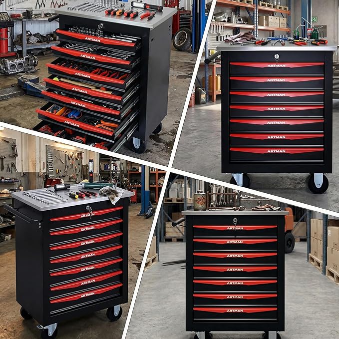 7-Drawer Rolling Tool Chest with Stainless Steel Countertop,Tool Chest with Secure Locking System,Mobile Storage Tool Cabinet with 360°Wheels and Padded Feet,for Home,Garage (Black+Red)