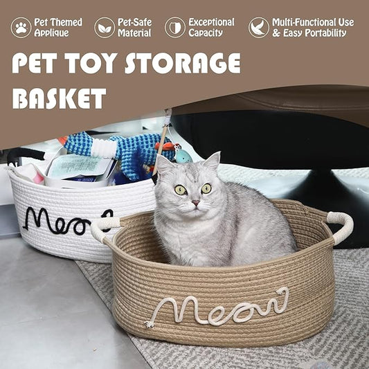 Sea Team Cat Toy Storage Basket with Handles, 16.5 x 11 x 7 Inches, 4.4 Gallons Large Cotton Rope Storage Bin, Shelf Basket, Organizer for Pet Chew Toys, Foods, Beige Meow