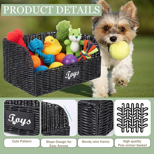 Pet Dog Toy Storage Basket,Collapsible Poly Wicker Baskets for Dog Cat Toys,Trapezoid Dog Toy Bin,Dog Storage Organizer for Leash Blanket Toys,Ideal for Living Room,Playroom(Black)