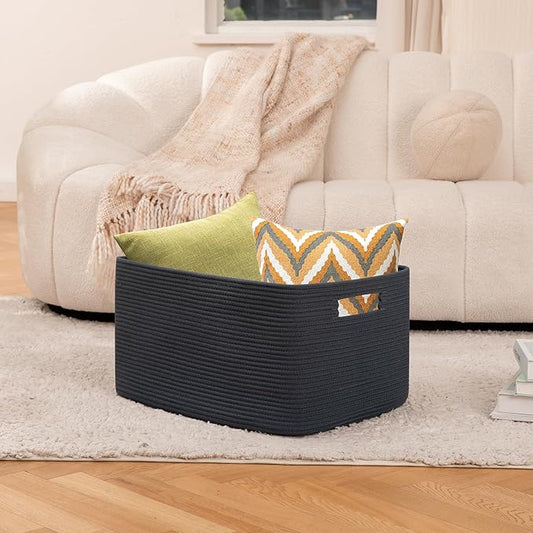 OIAHOMY 75L Large Blanket Basket, Woven Storage Basket with Handle, Cotton Rope Basket 22”x17”x12”,Blanket Basket Living Room, Toy Basket for Nursery, Blue