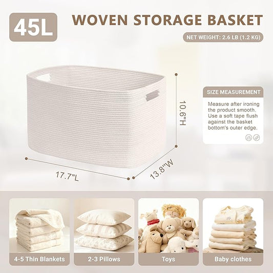 45L Small Baby Girls Laundry Basket for Nursery Storage,Cute Woven cotton Rope Baskets for Kids Toy,Gifts,Boho Square Wicker Blanket hamper for Living Room,Bedroom Dirty Clothes, White