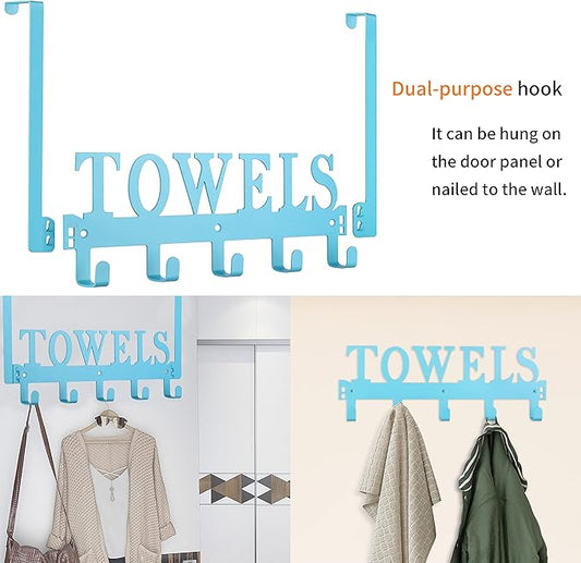 Over The Door Towel Holder - Hooks & Rack for Bathroom, Robe & Beach Towels (Blue)