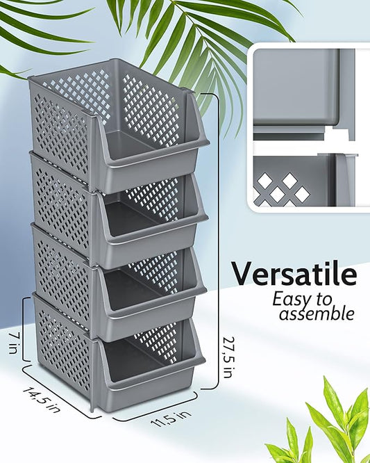 TidyFriend 4 Pack Stackable Storage Bins Open Front for Pantry Organizers and Storage, Plastic Storage Bins for Garage Organization, Garage Storage Bins for Shelves, Racks, Tools & Supplies (Grey)