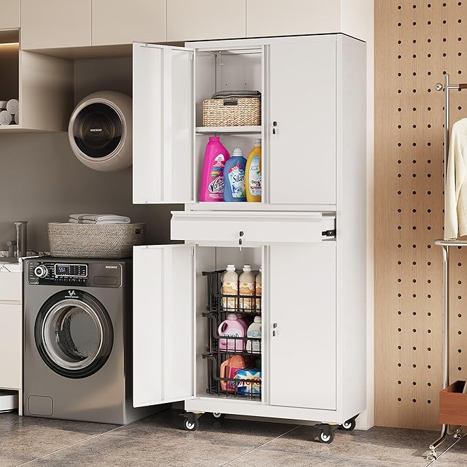 DEVAISE Metal Garage Storage Cabinet with Locking Doors and Adjustable Shelves, Rolling Tool Cabinet with Drawer for Garage,Warehouse,Home,Office (White)