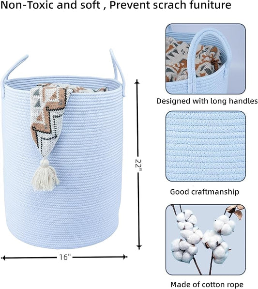 Cotton Rope Laundry Basket Hamper for Clothes Woven Storage Basket for Living Room Bedroom Boho Tall Rope Baskets for Blanket Toys Pillow Towels Baby Nursery Hamper Bin light blue Large