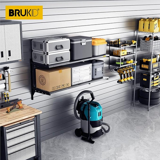 2 Tier 1.3x4ft Garage Shelving Wall Mounted, 15.6x48inch per Shelf Height Cassette Adjustable Floating Shelves(Black)