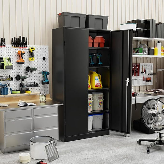 Metal Garage Storage Cabinet, 72” Lockable File Cabinets with 2 Doors and 4 Adjustable Shelves, Steel Tool Cabinets with Lock for Office, Home, Gym, Black