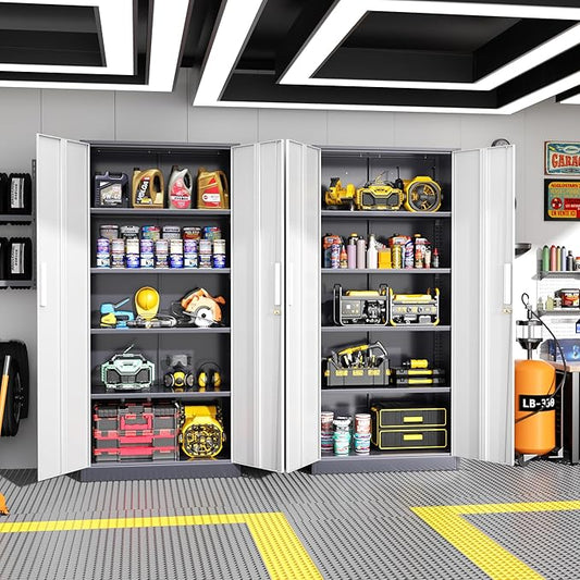 Greenvelly Metal Garage Storage Cabinet, Tall Steel Storage Cabinets with 2 Doors and 4 Adjustable Shelves, Metal Tool Cabinets, Locking File Cabinet for Home Office, Garage, School (Gray White)