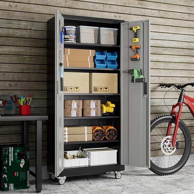 71" H Metal Garage Storage Cabinet with Wheels,Steel Storage Cabinet with Door,5 Adjustable Shelves and Pegboard for Garage Home,Required Assembly,Black &Dark Grey