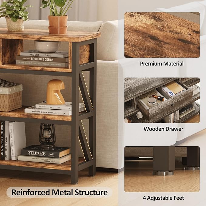Mexin Console Table with Drawer Shelves, Entryway Table with 3 Tier Storage Shelves, Industrial Wood Hallway Sofa Table for Living Room, Couch, Foyer, Kitchen Counter, 47 Inch Rustic Brown