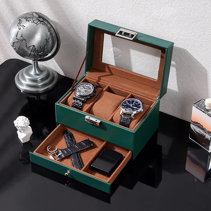 ProCase Watch Box, 3 Slot Watches Display Case with Drawer, Mens Watch Case with Glass Lid, 2-Layer Mens Jewelry Organizer Storage Holder, Birthday Valentine Gifts for Men-3 Slot, MidnightGreen