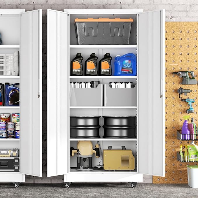 Greenvelly 73" Rolling Storage Cabinet,White Metal Garage Cabinet with Locking Doors and 4 Adjustable Shelves for Home,Kitchen,Office,Warehouse(32" W x 16" D,Wheels)