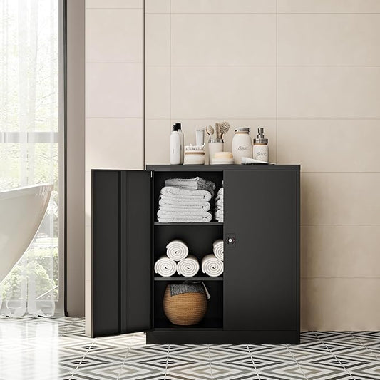 Metal Storage Cabinet-36” Tall Steel File Cabinets with Lockable Doors and Adjustable Shelves-Black Steel Storage Cabinet for Home Office, School, Garage