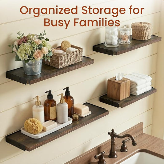 BAYKA Wall Shelves for Bedroom Decor, Floating Wall Shelves for Living Room Kitchen Storage, Mounted Rustic Wood Floating Shelves for Kids Books, Corner Shelf for Bathroom(Rustic Brown,Set of 4)