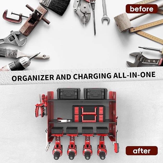 NWH Power Tool Organizer Wall Mount,Tool Organizer with 5 Drill Racks in Garage, 3 Levels of Storage Space, Heavy Duty Metal Power Tool Storage Rack Tool Shelf for Garage Organization