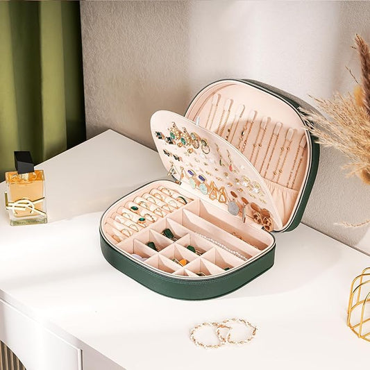 ProCase Travel Size Jewelry Box, Large Portable Seashell-Shaped Jewelry Case, 2 Layer Jewelry Organizer in PU Leather for Women -Emerald